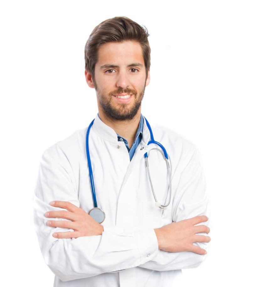 Smiling urologist in white coat recommending ProstaMend prostate support